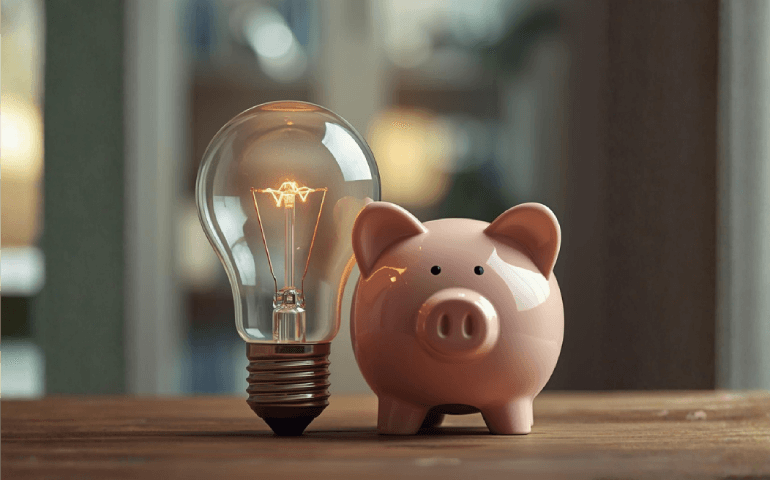 Light bulb and piggy bank symbolising saving money on electricity bills with Senoko Energy LifeSavvy24