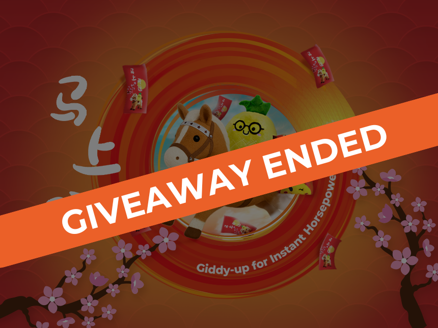 BB Ong Lai riding a horse, holding limited-edition pouch and ang bao, and surrounded by festive LNY decorations. 